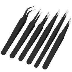 6pcs Anti-Static Stainless Steel Tweezers Precision Maintenance Industrial Repair Curved Tool Home Working Making Hand Tool