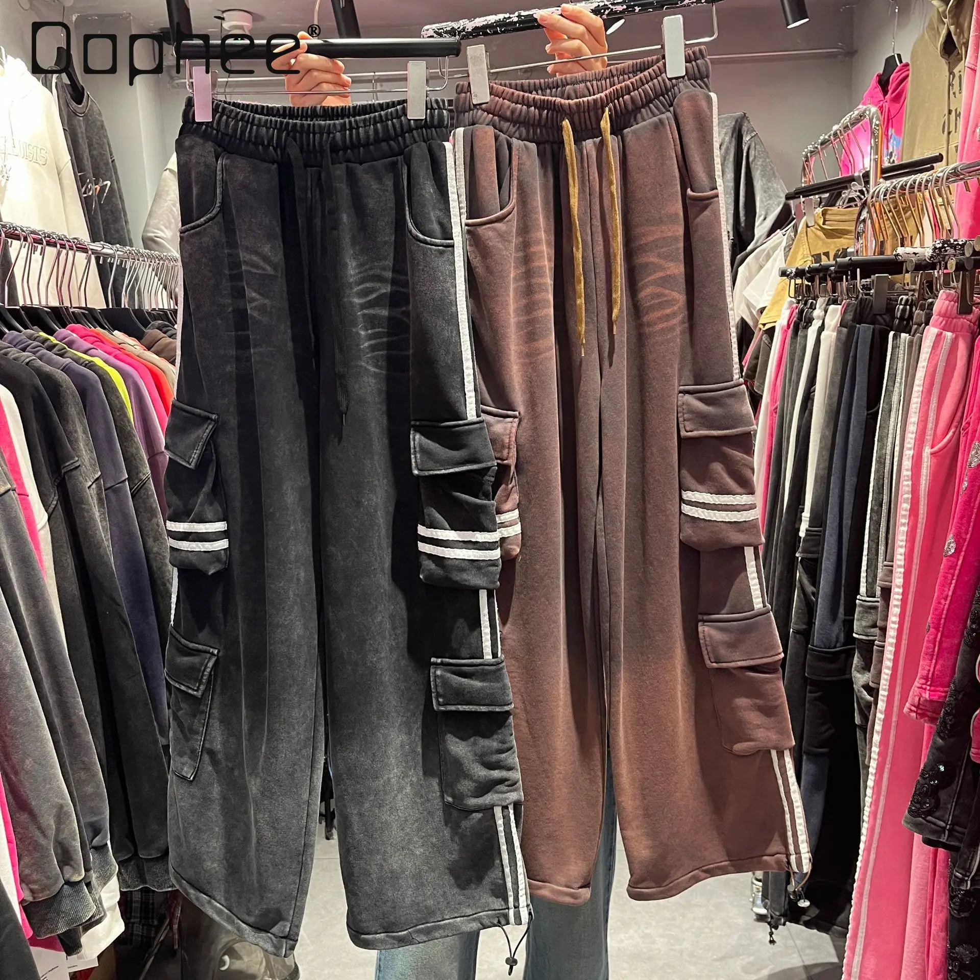 

Korean Fashion Trend American Retro Distressed Casual Cargo Pants for Women Loose Versatile Wide-Leg Pants Trendy Streetwear