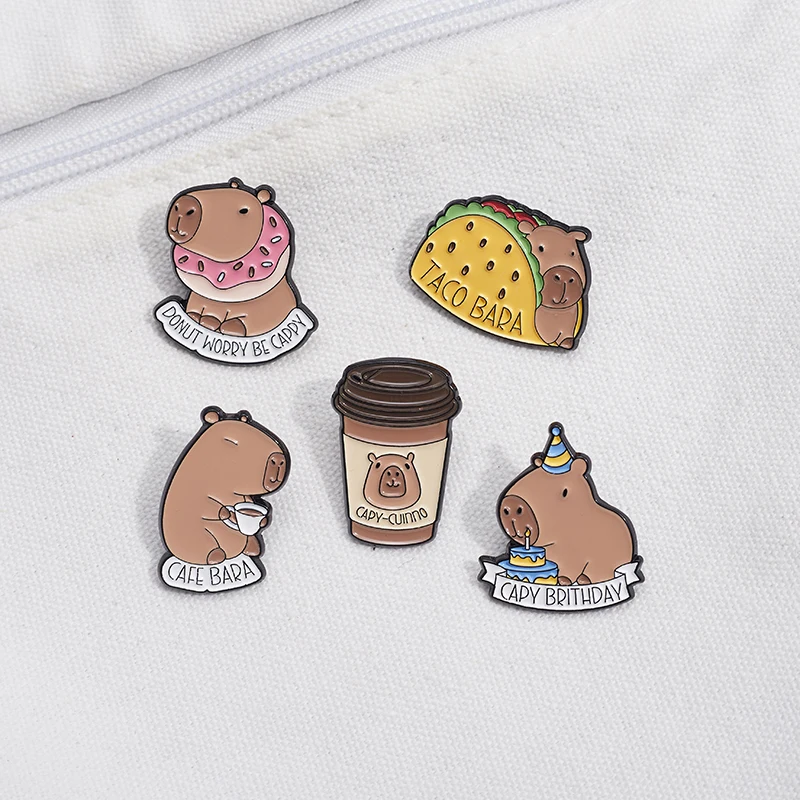 No te preocupes, Be Cappy, alfileres esmaltados, Capy Brithday para mochila, Donuts de café, Taco Bara, Capybara, insignia de solapa, broches de Metal, joyería