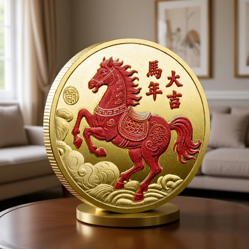 عملة حصان زودياك تذكارية لعام 2026 باللون لعيد الميلاد تذكار معدني مصنوع للمناسبات الخاصة #2