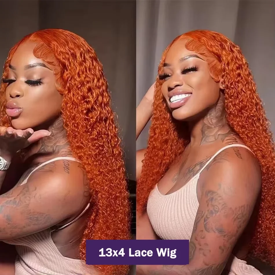 34inch Orange Ginger Water Wave Lace Front Wigs 13x4 13x6 #350 Colored Wigs Brazilian Human Hair Deep Curly Wigs 260Density image 5