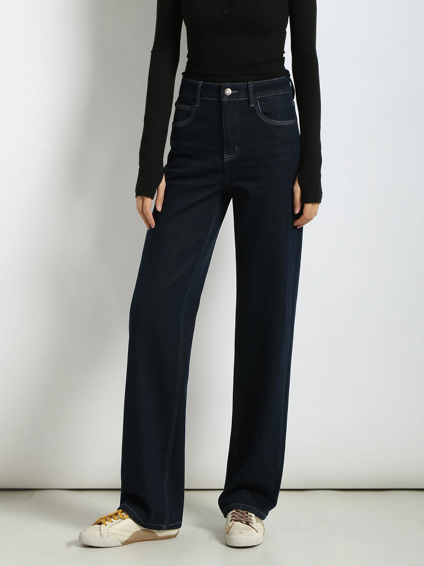 

Облегающие прямые джинсы с высокой талией, эластичные тонкие брюки длиной до пола, повседневные брюки из хлопка и спандекса с высокой талией