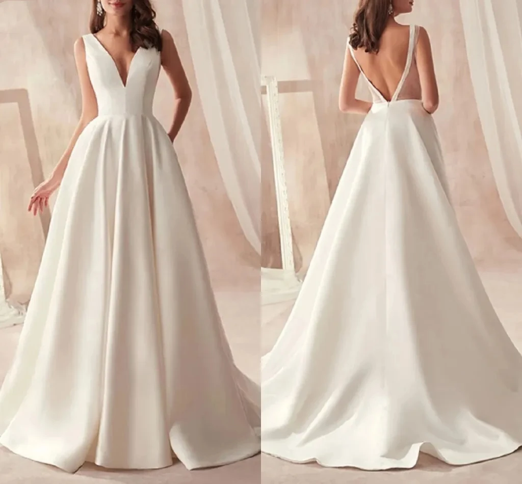 

Stylish simple A-line luxury wedding dress Sexy deep V-neck backless elegant ladies romantic beach wedding bridal party dress