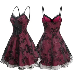 ROSEGAL New Gothic Flocking Lace Up Lace-back Mini Dresses Women's Adjustable Strap Backless Layered Cami Dress Vestidos