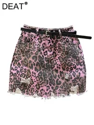 DEAT Women's Denim Skirt Pink Leopard Broken Holes Wrap Hips A-line High Waist Mini Skirt 2024 Autumn New Fashion 29L7785