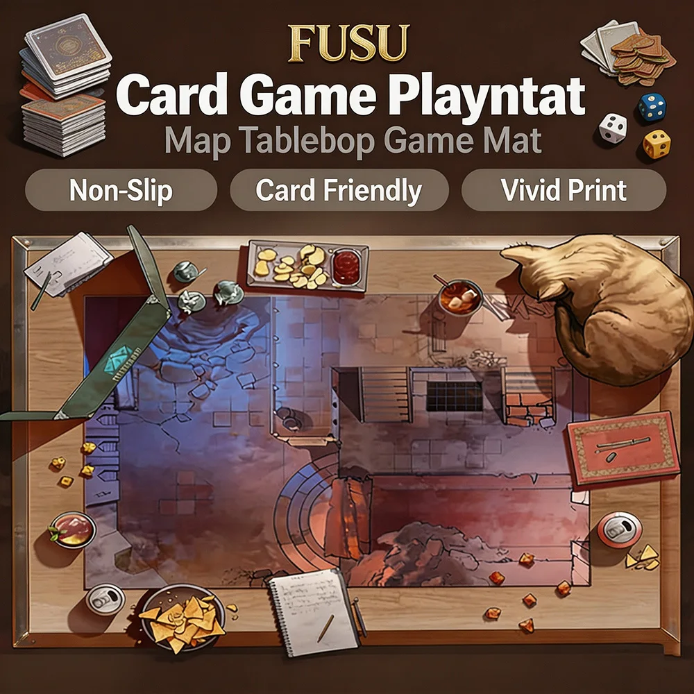 RPG Dungeon Battle Map Playmat Casual Game Night Scene With Cat Snacks Dice Neoprene Table Pad for TCG DND Tabletop Game 60x35cm