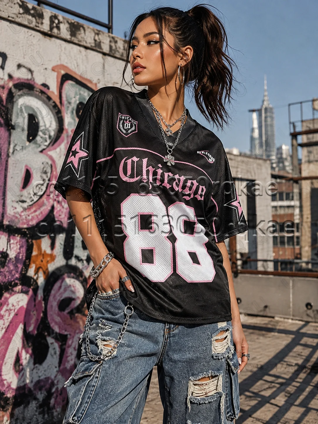 Summer New Chicago No.88 Printed T-shirt For Women V-Neck Patchwork Short Sleeve Sports Football Jersey Y2K Loose Tops