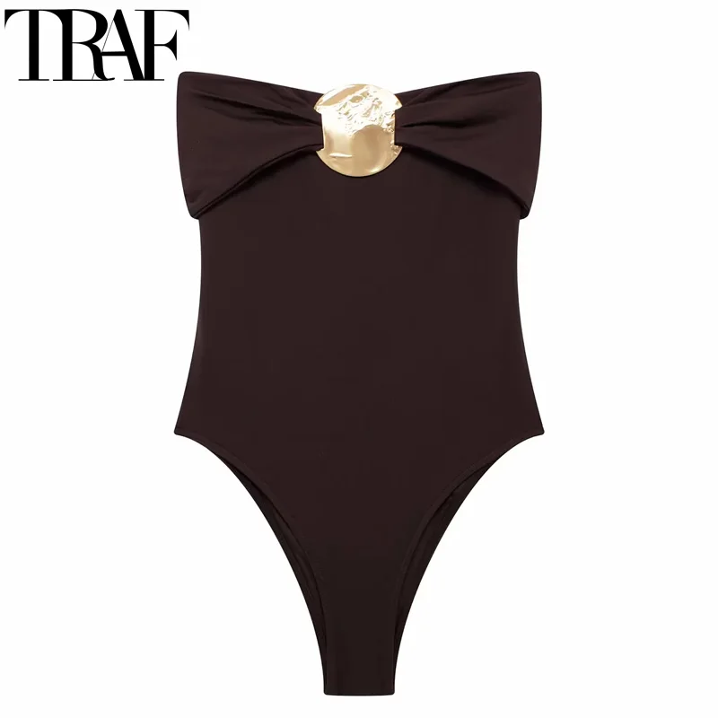 TRAF Off Shoulder Black Bodysuit Women Backless Sexy Women\'s Bodysuits Summer 2024 Strapless Bodycon Brown Body Woman Swimsuit