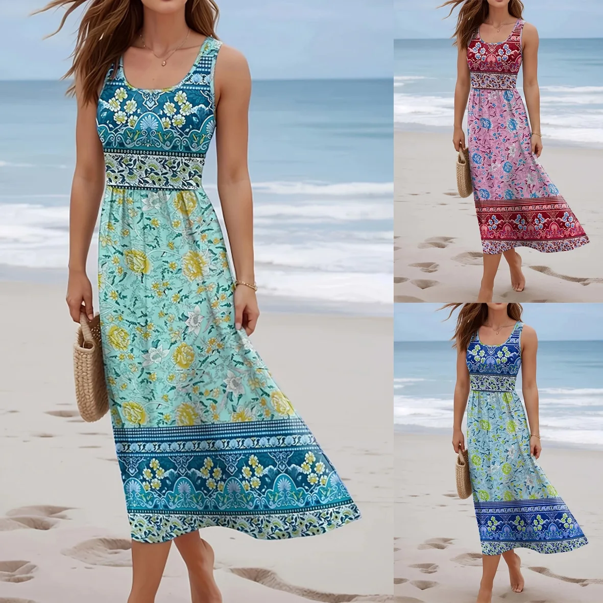 

2025 Floral Print Maxi Dress Women's Elegant Sleeveless Beach Cover Up Sexy U-Neck Long Summer Dress Holiday Vintage Dress Robes