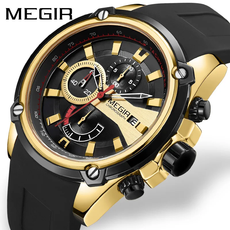 MEGIR Army Sports Quartz Watches for Men Black Silicone Strap Military Marine Chronograph Wristwatch for Man Relogios 2086 Black