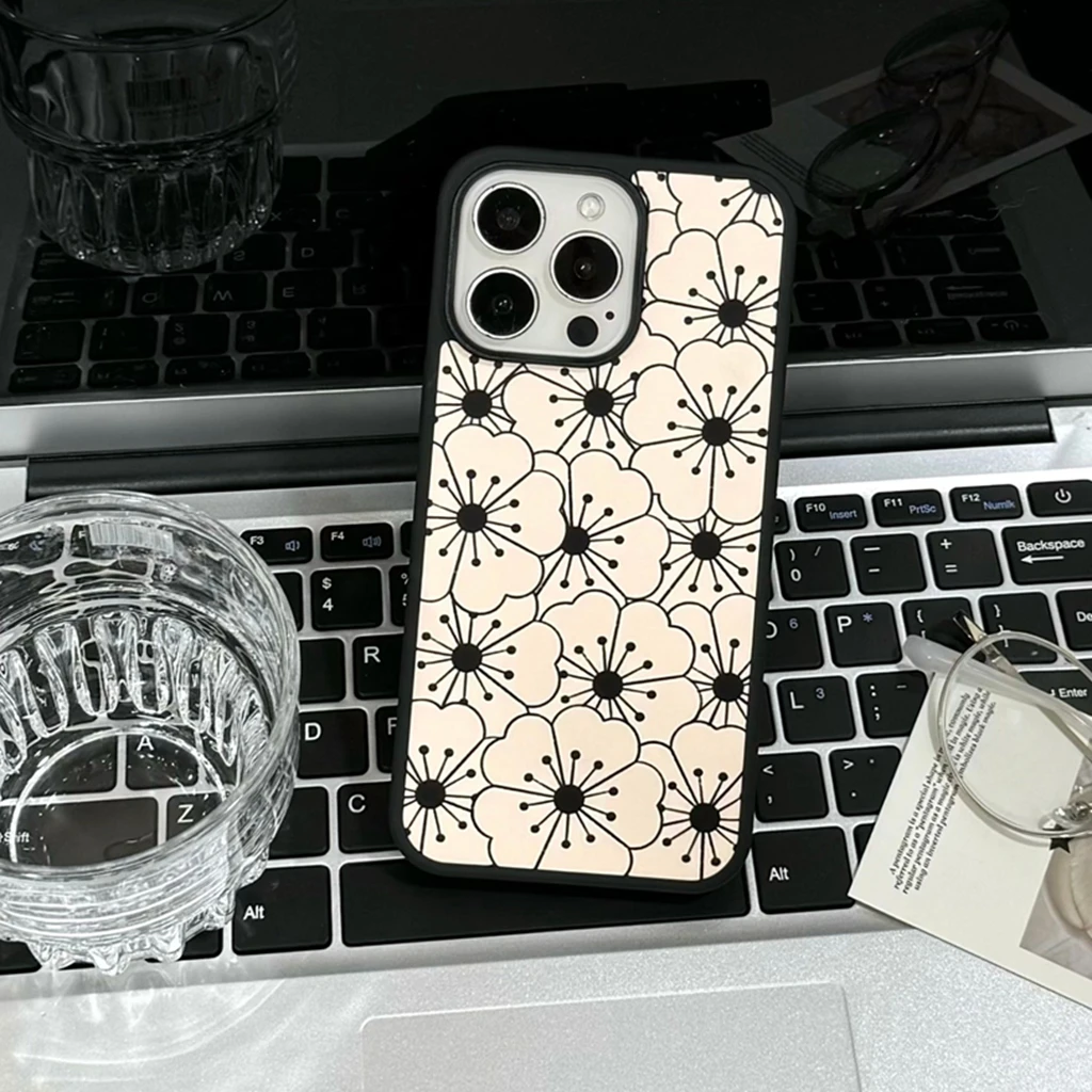 

Minimalism Full Screen Black Line Small Flowers Graffiti Shockproof Protective Phone Cover Case for iPhone 16 15 14 13 Pro Max