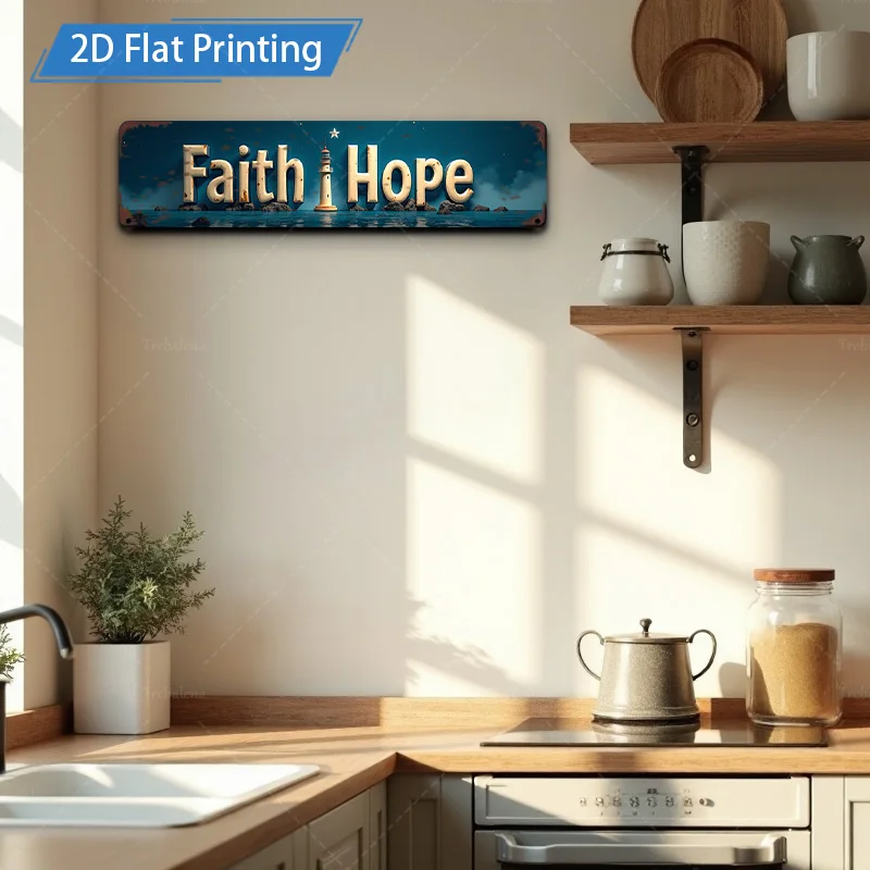 [2D FLAT] قطعة واحدة من اللافتات المعدنية، 4 × 16 بوصة Faith Hope Metal Wall Art 2D طباعة مسطحة لديكور المنزل