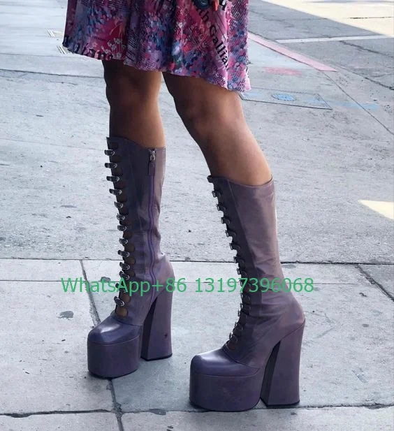 

Lady purple color design calf platform Y2K style boots chunky heel side zip hollow design punk boots party dress boots size 46