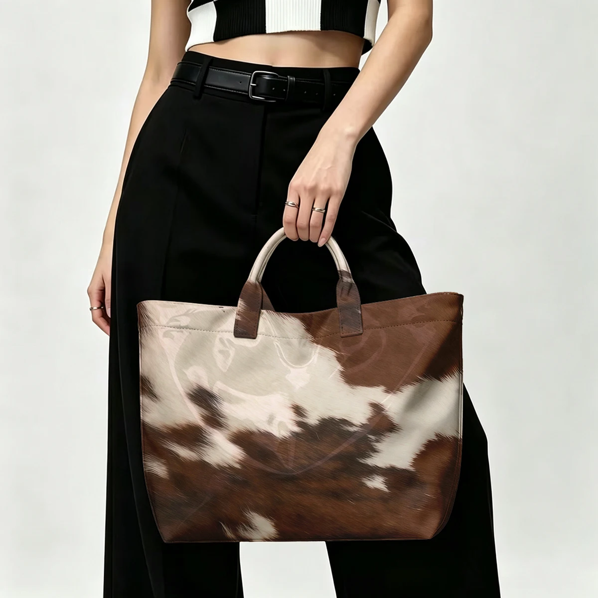 Brown & White Cowhide PVC Tote Bag Waterproof Transparent Jelly Bag Beach Bag Tote Pouch Bow Handbags Storage Bag
