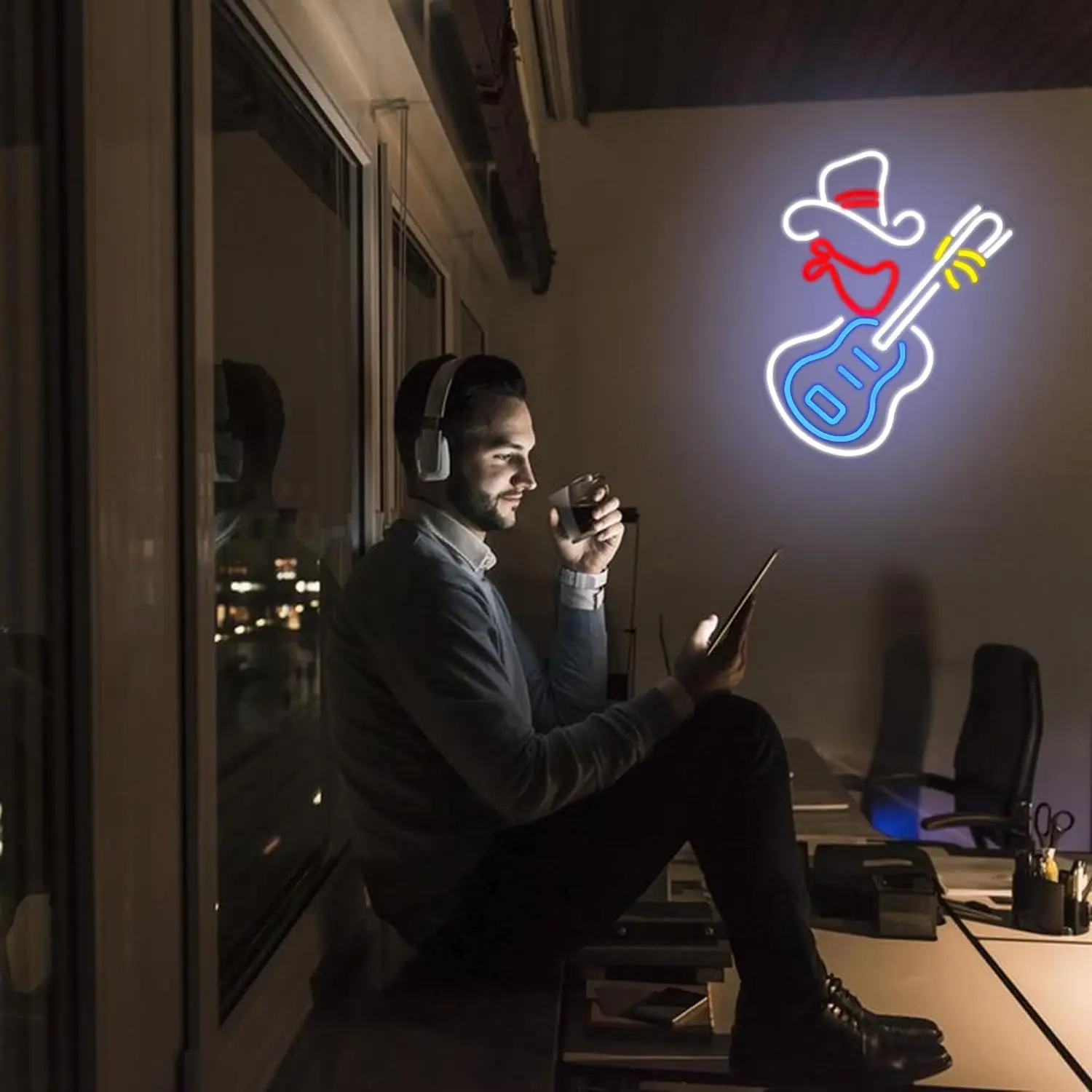 كاوبوي الغيتار LED النيون موضوع البلد ديكور USB ضوء النيون بار الصالون الغربي الموسيقى الشعبية مكان عكس الضوء فناء ديكور الحفلات #5