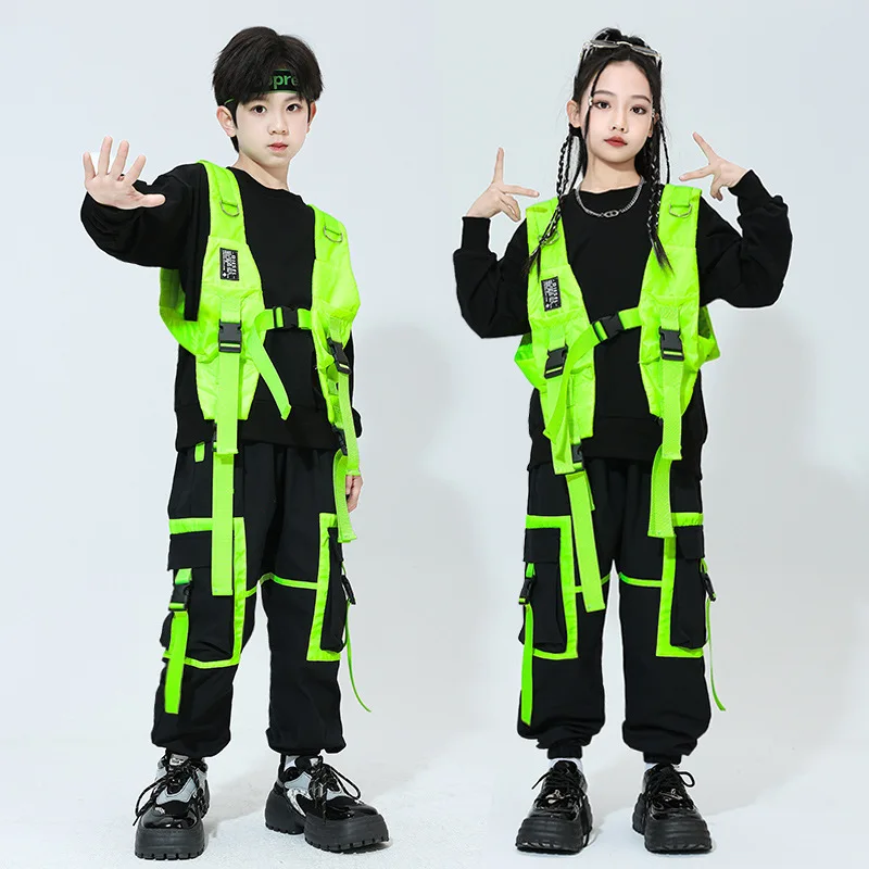 Kid Hip Hop Clothing Green Strap Sleeveless Jacket Vest Top Black Casual Jogger Pants for Girls Boys Jazz Dance Costume Clothes