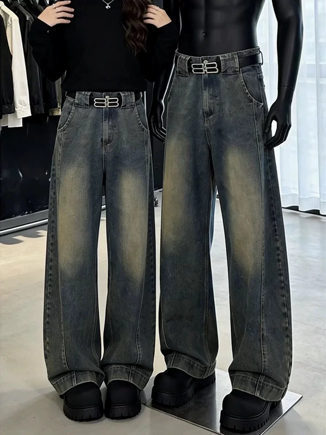 

Retro Blue Fce Lined Knife Men's Jeans Low Waist Straight Leg Bell Bot American Sle Design Winter Wear