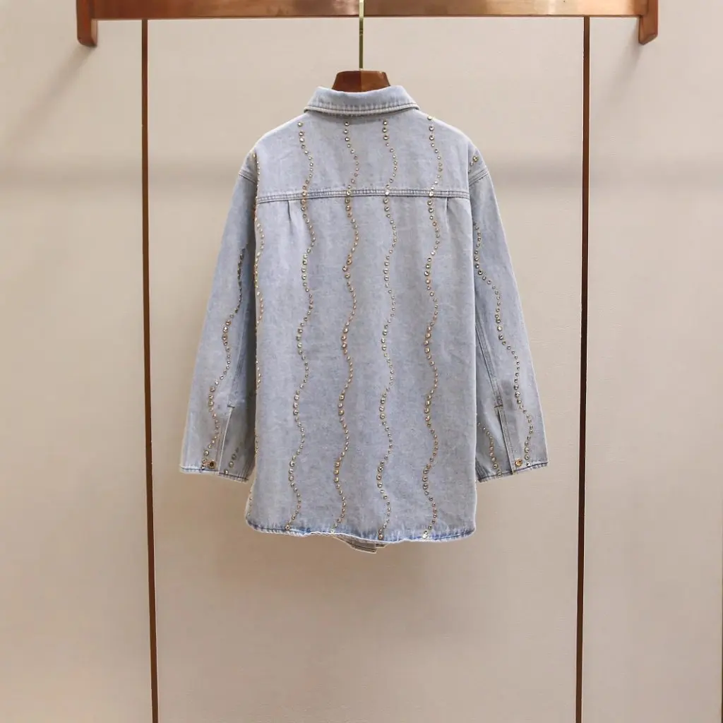 

S Семейная весенняя модная свободная повседневная джинсовая рубашка с рваными бриллиантами в стиле ретро для женщин
