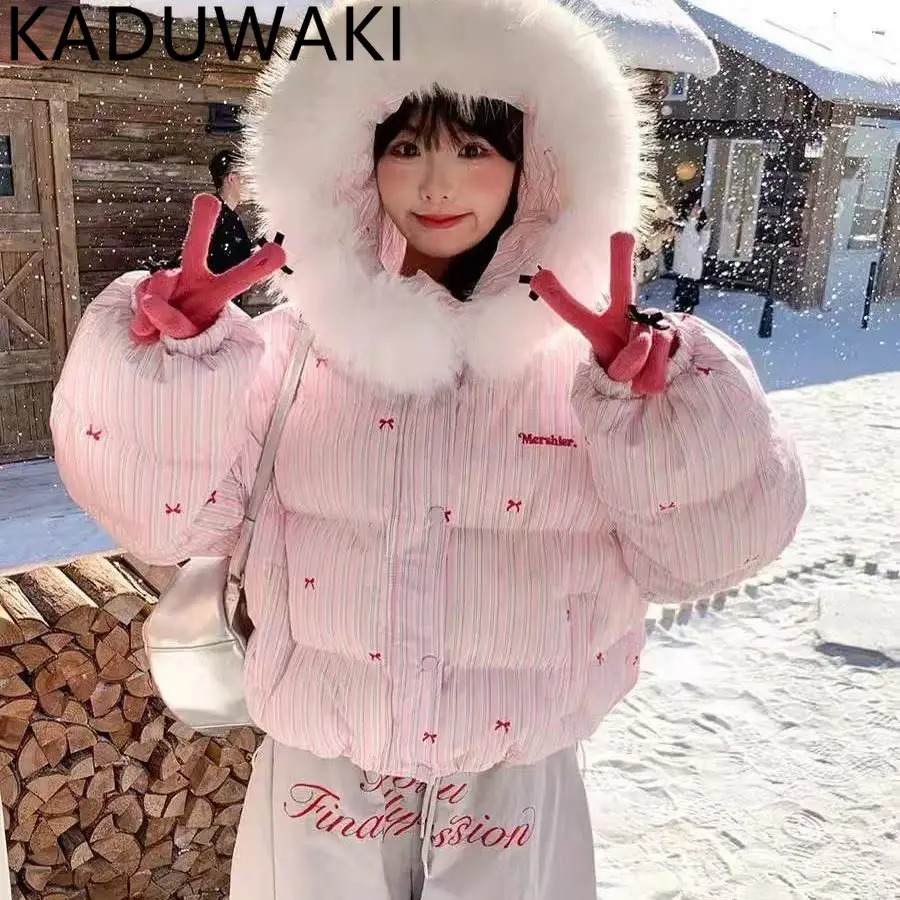 

Korean Chic Bow Print Striped Parkas Women Autumn Winter Warm Hooded Jackets Street Fashion Casual All-match Loose Cotton Jacket