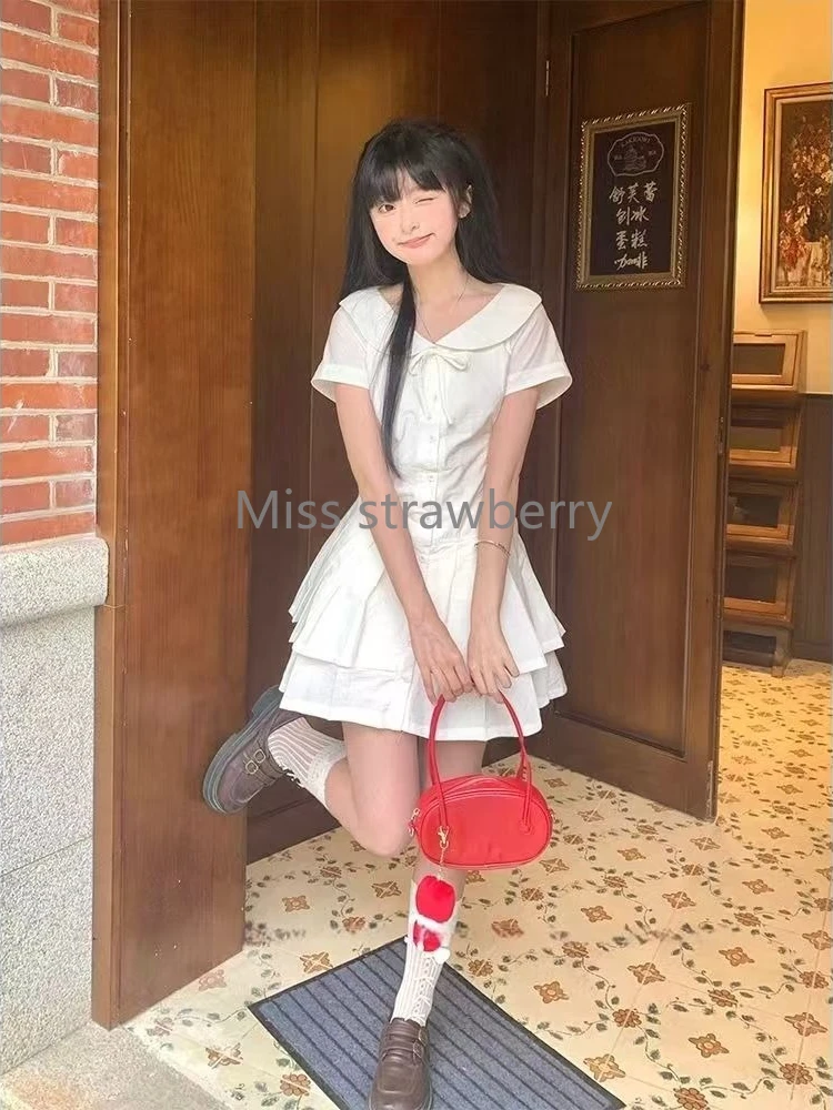 Preppy Style Vintage Slim Short Sleeve Dress Women Summer Fashion Ruffle Thin Shirt Dresses Female Chic Retro O-neck Outfits