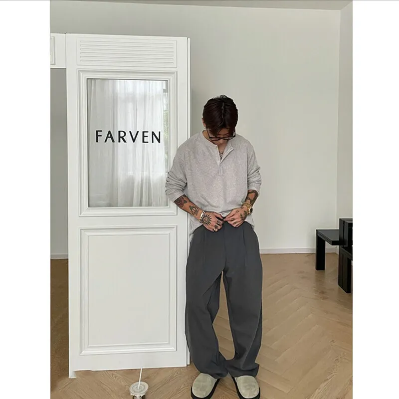 Spring Long Sleeved T-shirt Men Fashion Gray Black Casual T Shirt Men Korean Loose Round Neck T Shirt