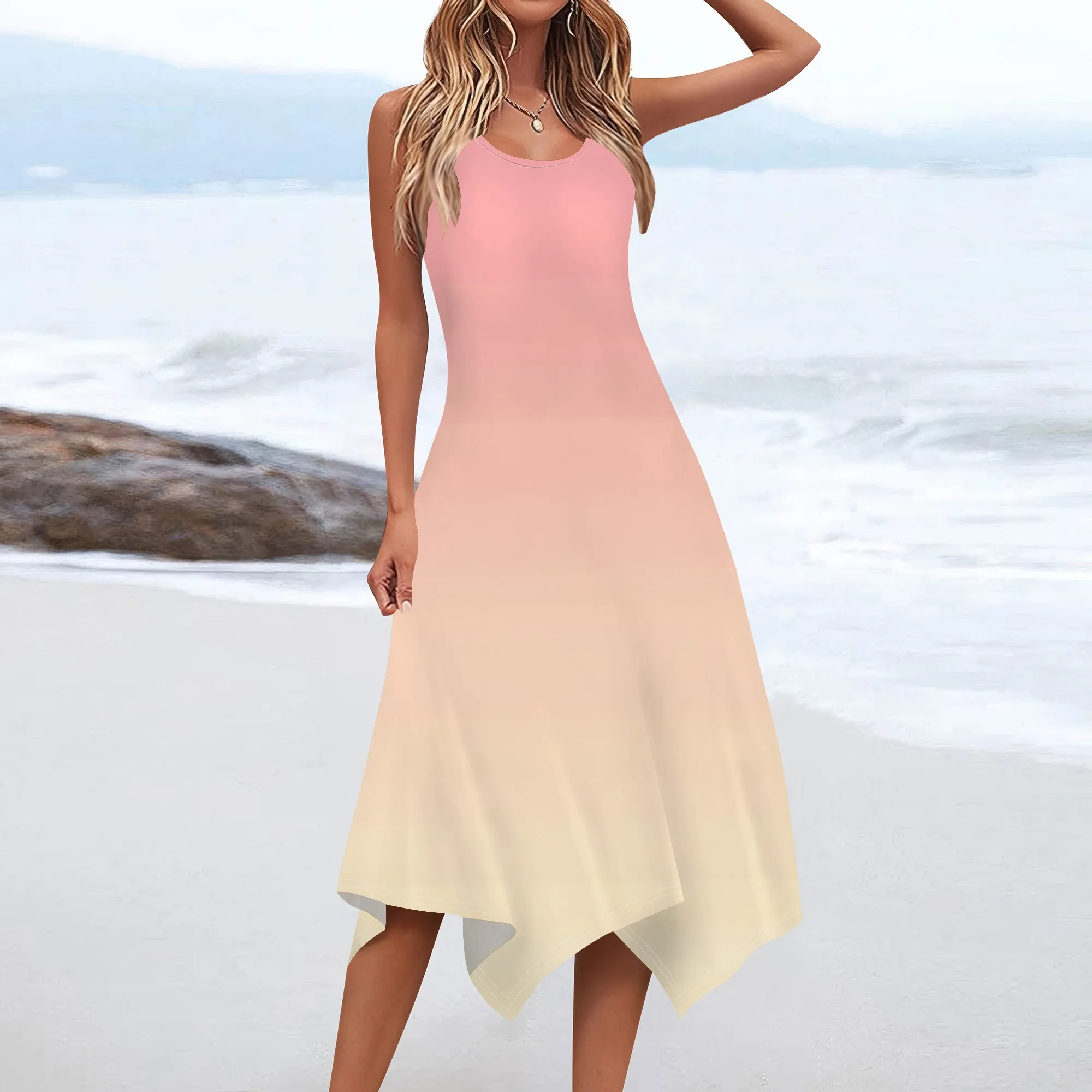Abiti estivi midi da donna 2025 Abiti da spiaggia per le vacanze Abito casual ampio senza maniche Abito fluido alla moda