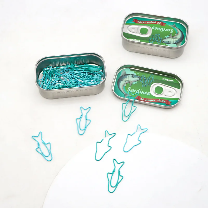 Sardine Paper Clips Cute Cartoon Metal Bookmarks Colorful Shaped Office Stationery with Iron Box