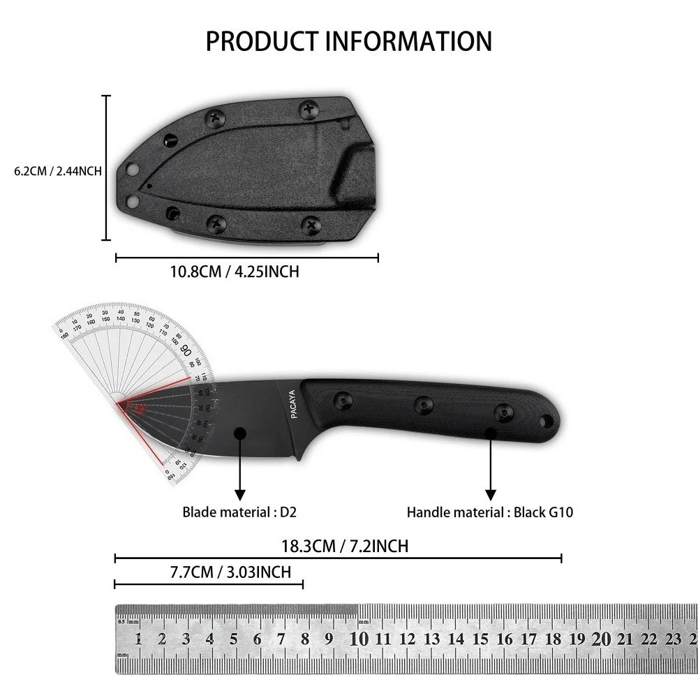 Pacaya D2 Steel High Hardness EDC Knives Outdoor Fixed Knife Daily Cutter Camping Fishing Hiking Climbing Utility Tools Gifts