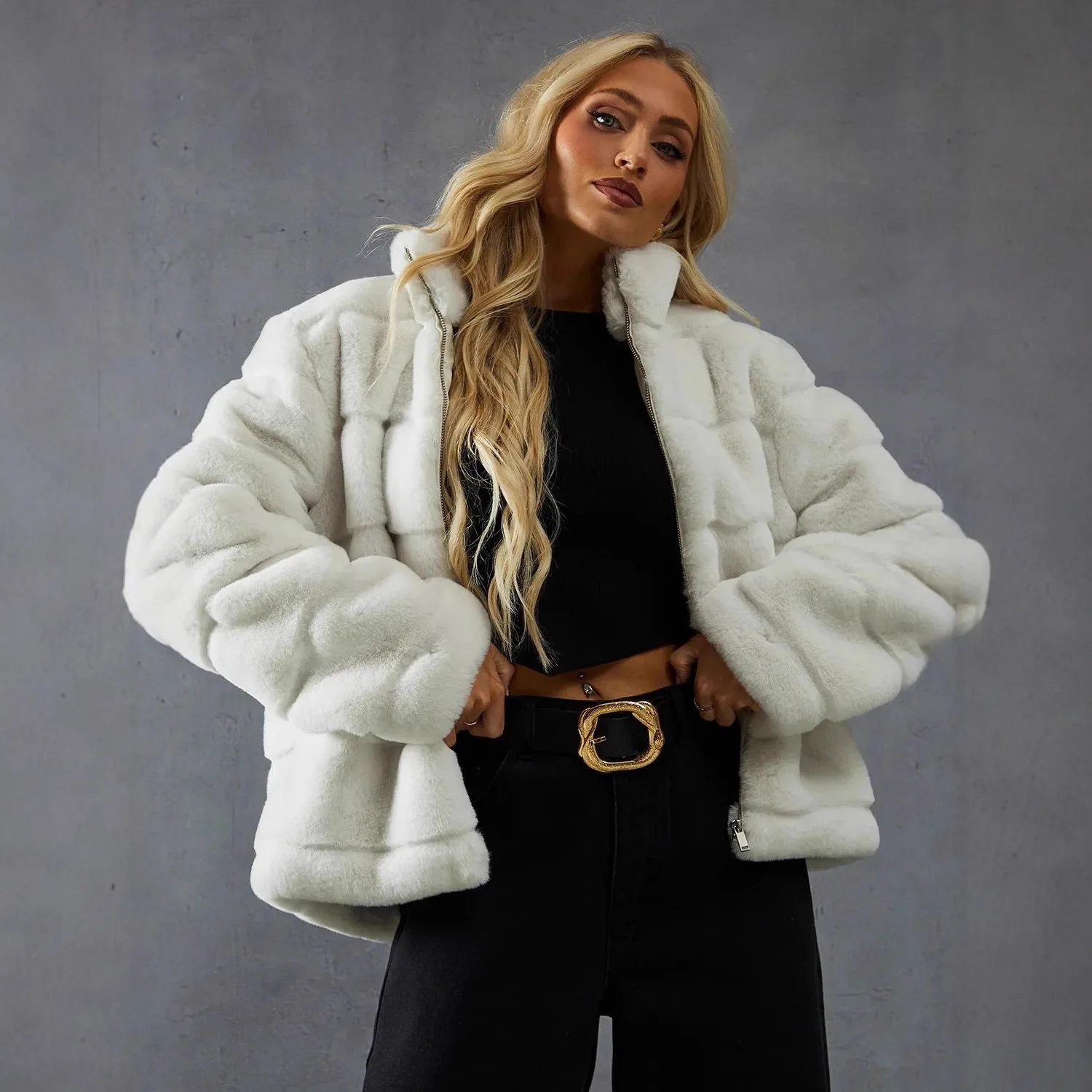 Geometric Print Women's Eco Fur Coat Stand Collar Zipper Lady Artificial Fur Jacket Coat Instagram-Style Winter Faux Fur Coat