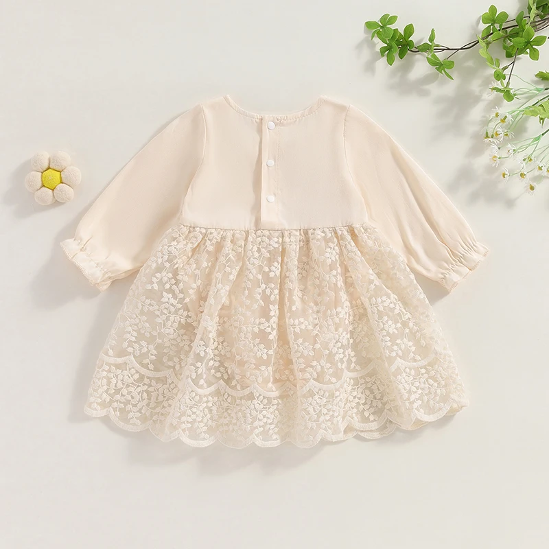 Kid Girl Romper Dress Long Sleeve Round Neck Patchwork High Waist Lace Floral Party Dress