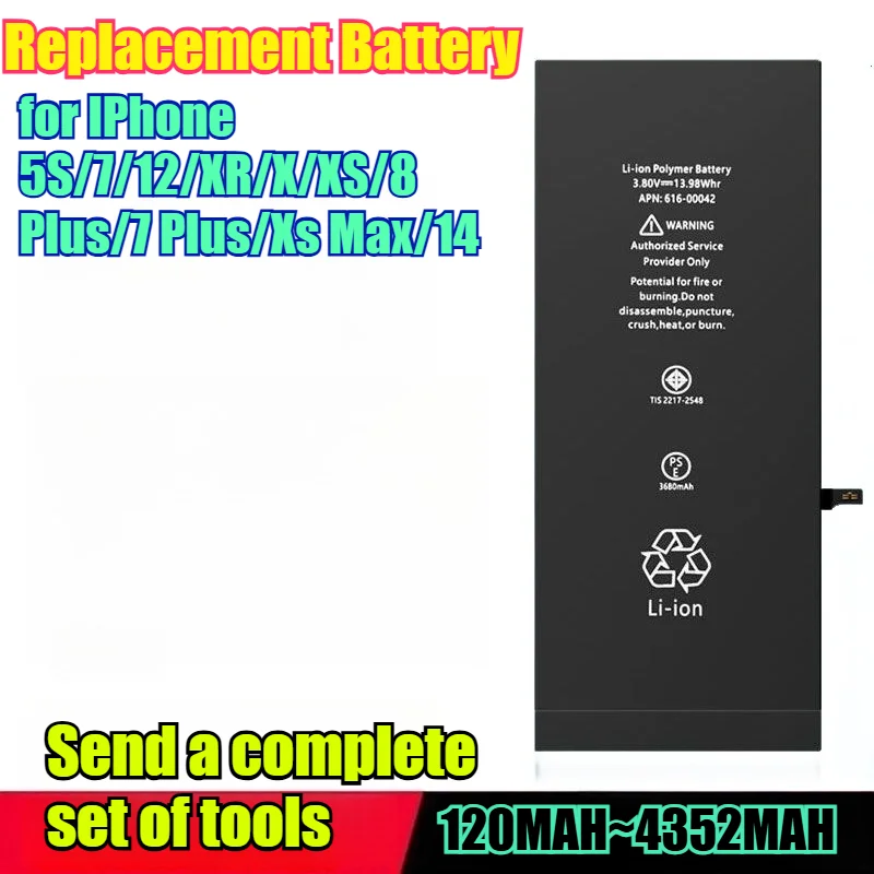 

Сменный аккумулятор емкостью 4352 мАч для IPhone 5S/7/12/XR/X/XS/8 Plus/7 Plus/Xs Max/14, литий-ионный аккумулятор большой емкости с набором инструментов
