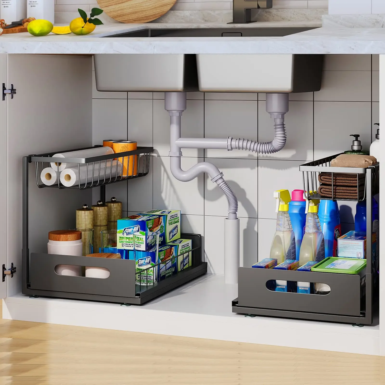 Under Sink 2 Tier Sliding Cabinet Basket Organizer Drawer Pull Out Cabinet Multi-Purpose  Sink Organizer for Bathroom Kitchen