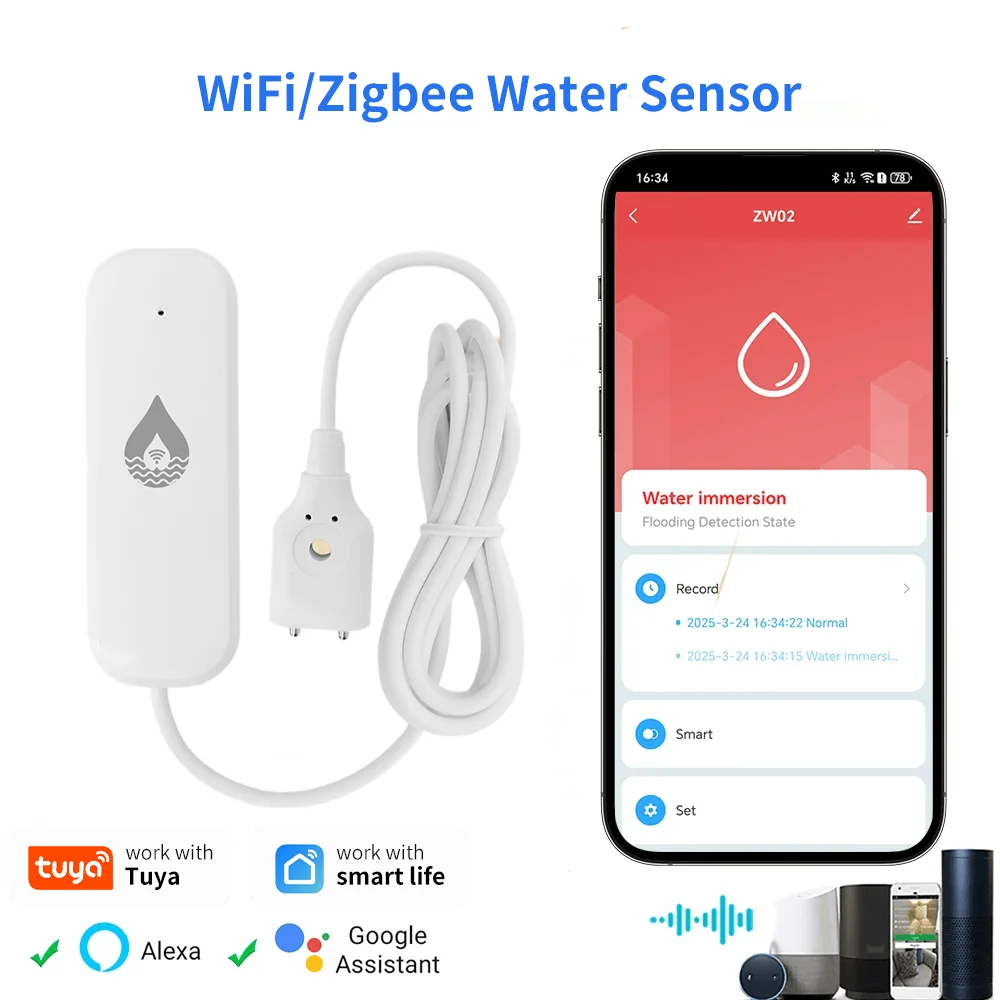Tuya Smart Zigbee/WiFi Water Sensor Smart Home Product Leak Detection Smart Life Remote Monitoring Home Automation