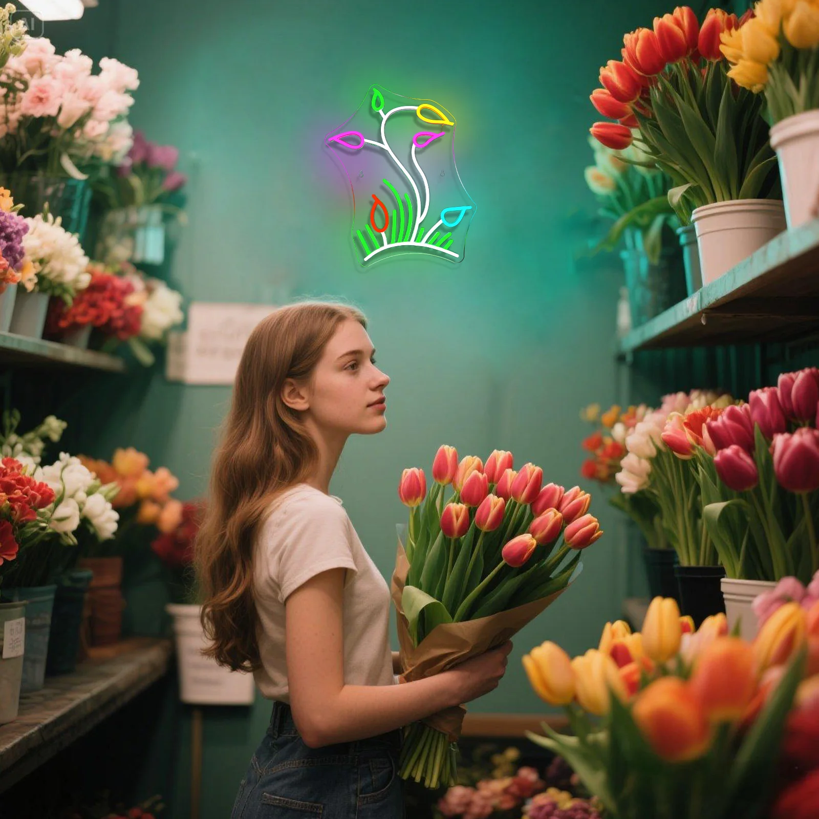 

Tulips LED Neon Light Colorful Flower Shaped Shaped Light Up Sign Wall Decor for Bedroom Party Christmas Gift Shop Teen Room