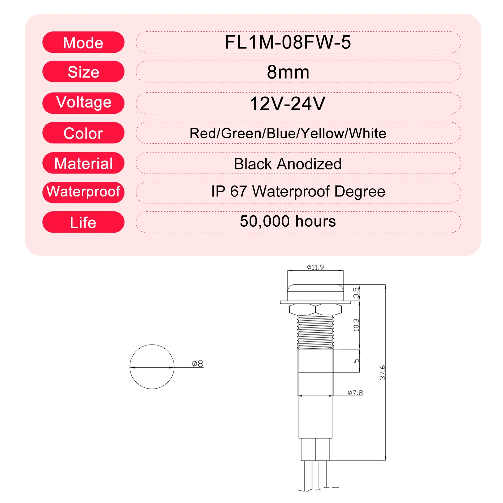 FILN 8mm symbol LED Indicator Light 12V 24V Black Metal Indicator Dash Pilot Light with Wire Car Dashboard  ruck Machinery