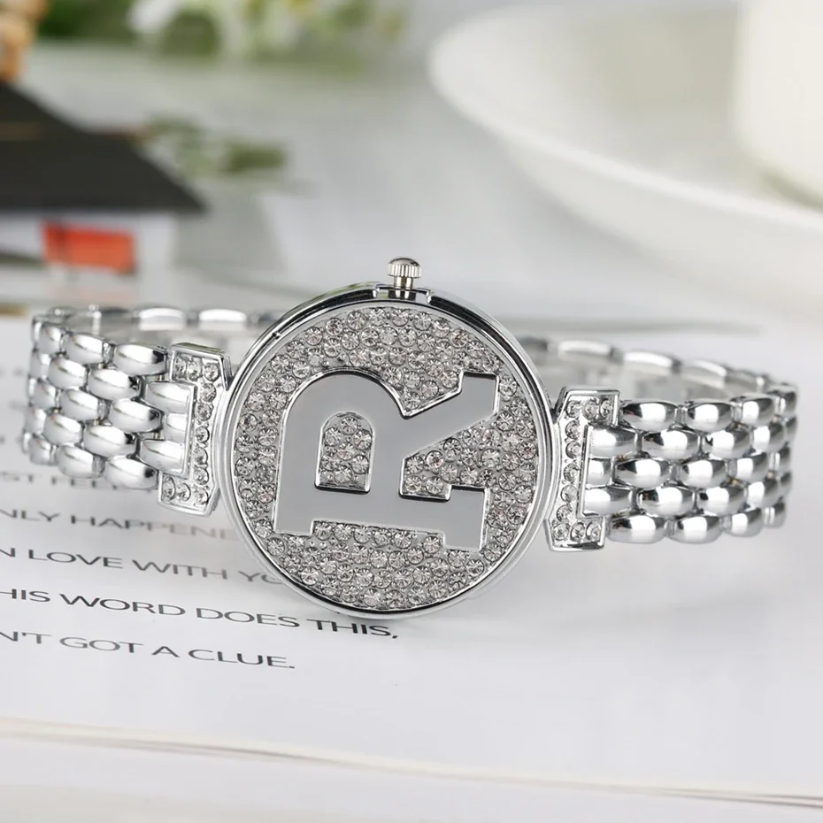 Relojes de cuarzo con tapa única para mujer, cristal de letra R, moda ostentosa, reloj de pulsera informal para mujer, relojes dorados