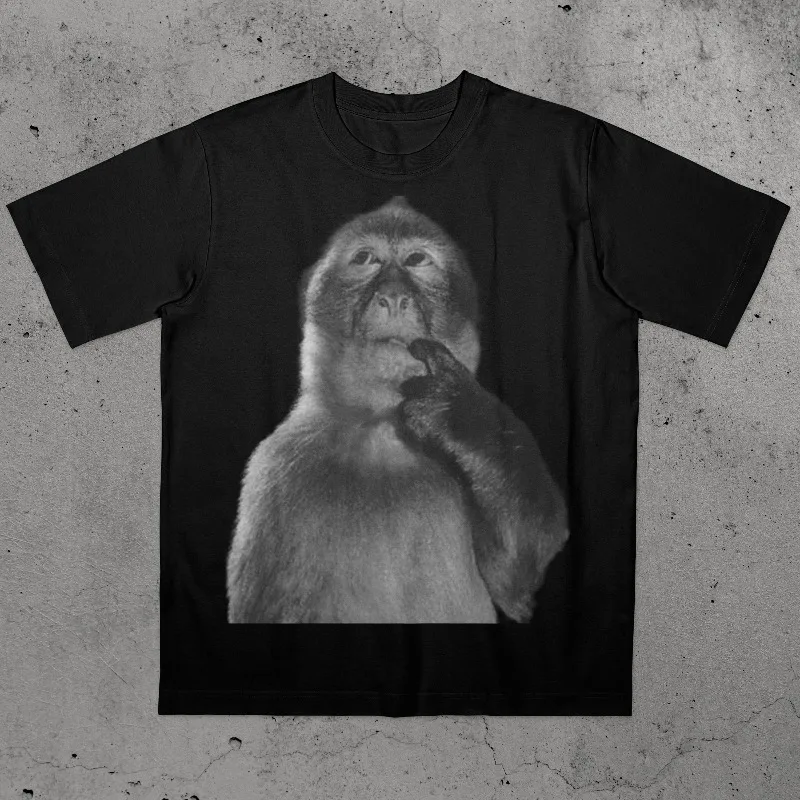 Funny Monkey Thinking Meme T-Shirt Men Vintage 100% Cotton Tee Streetwear Oversized Unisex Short Sleeve Goth Tops clothing