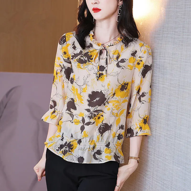 

Elegant Printed Lace Up Bow Shirring Chiffon Blouse Women's Clothing 2024 Spring New Casual Pullovers Flare Sleeve Ruffles Shirt