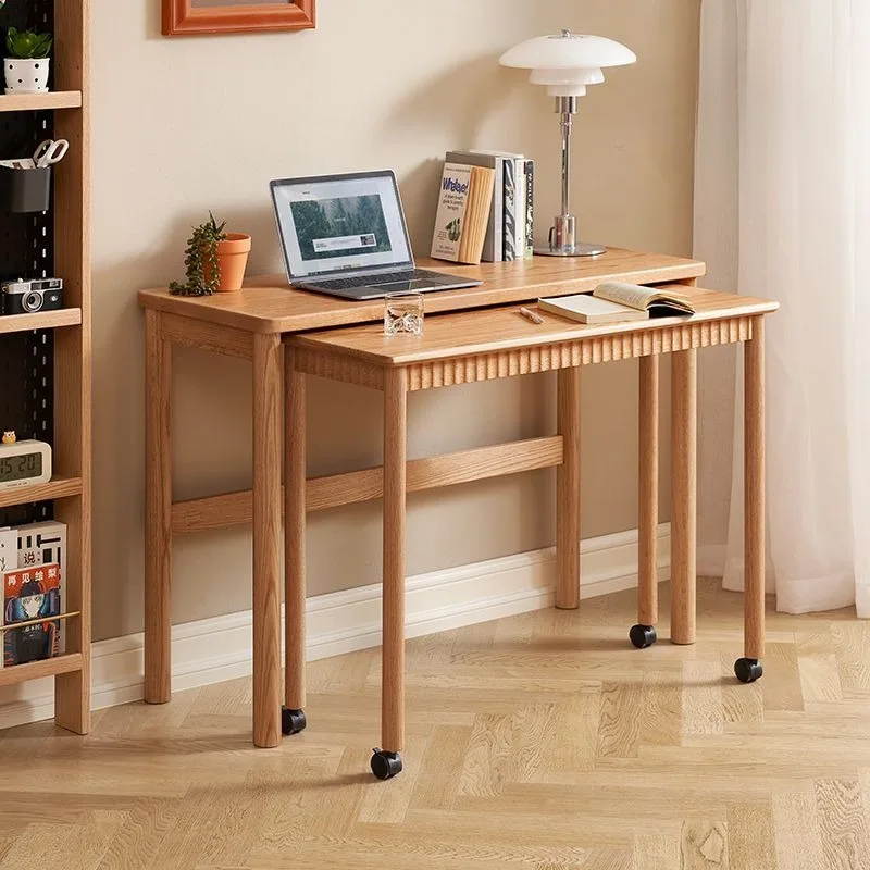 Two Layers Multifunctional Desk with Wheels Solid Oak Wood Natural Color Desk