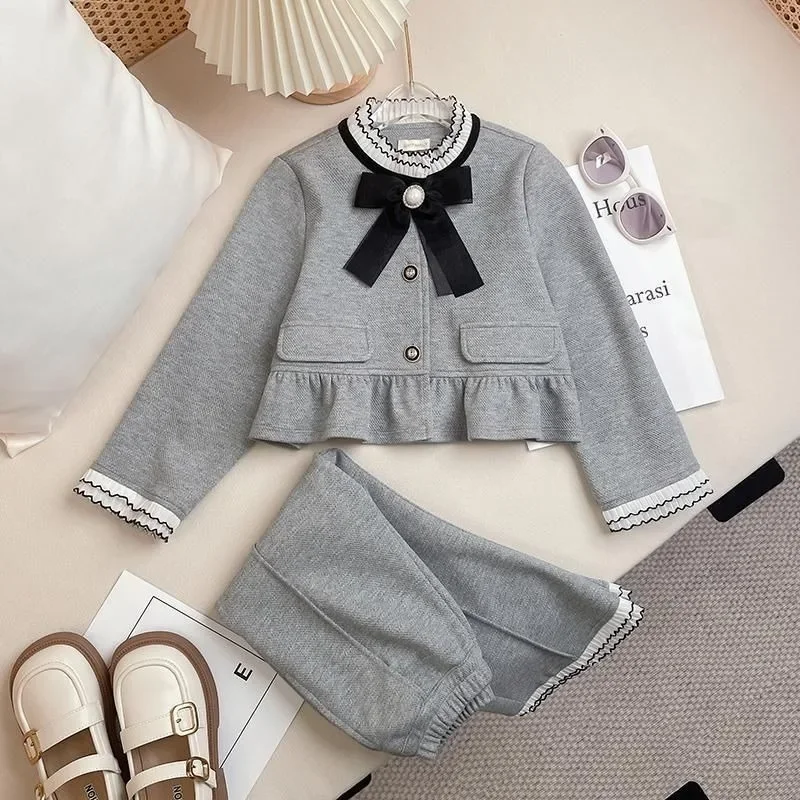 Bow Top and Bell-bottom Pants Coat Autumn Winter Suit for Girls Girls' Clothes Set Fashion Children's Clothing Girl Setup Outfit