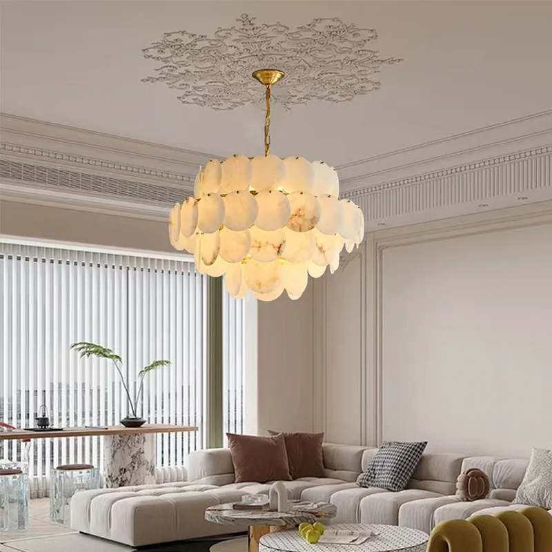 Lampu Marmer Salju Spanyol Gaya Amerika dengan Kilau Kuningan Emas, 3 Warna, Dapat Diredupkan untuk Langit-langit Hotel dan Villa