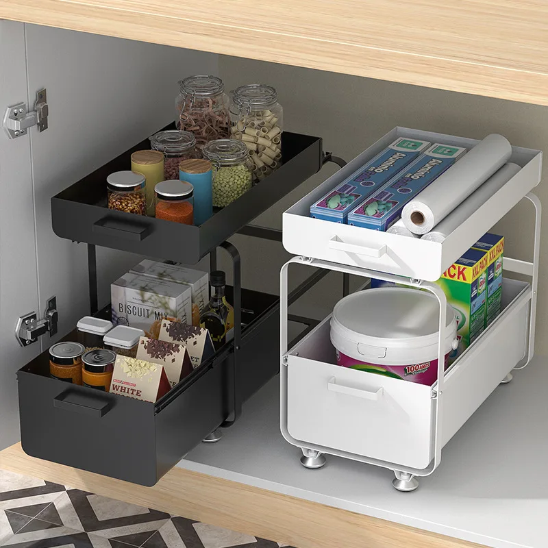 多層スライド式引き出しキッチンシンク収納ラック、中空キャビネットボウル＆プレート収納バスケットオーガナイザー