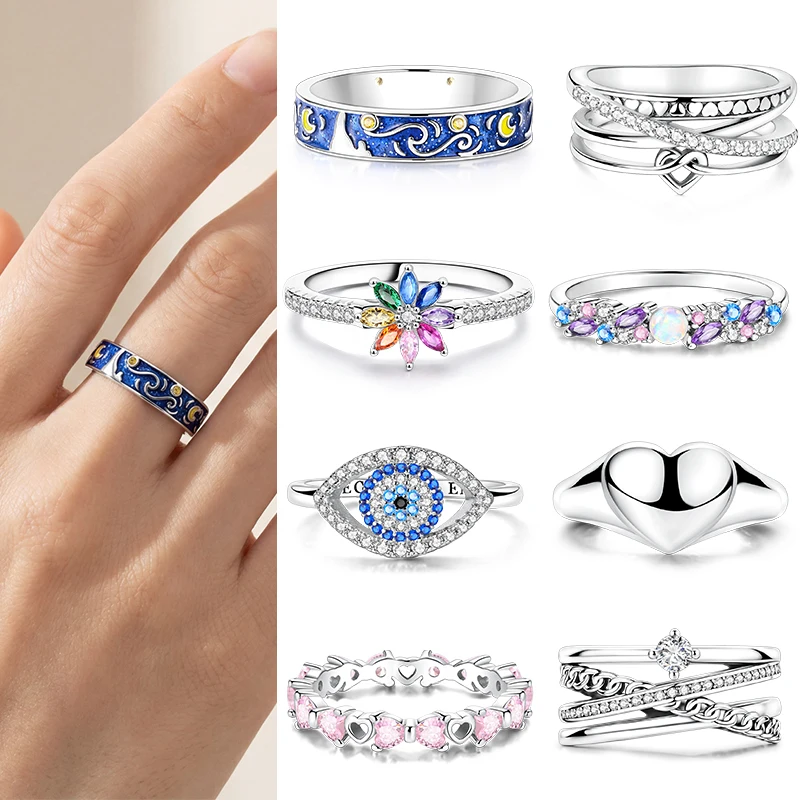 

925 Sterling Silver Woman Ring 6-9 Size Original Ring Geometric Cubic Zircon Heart Wedding Jewelry