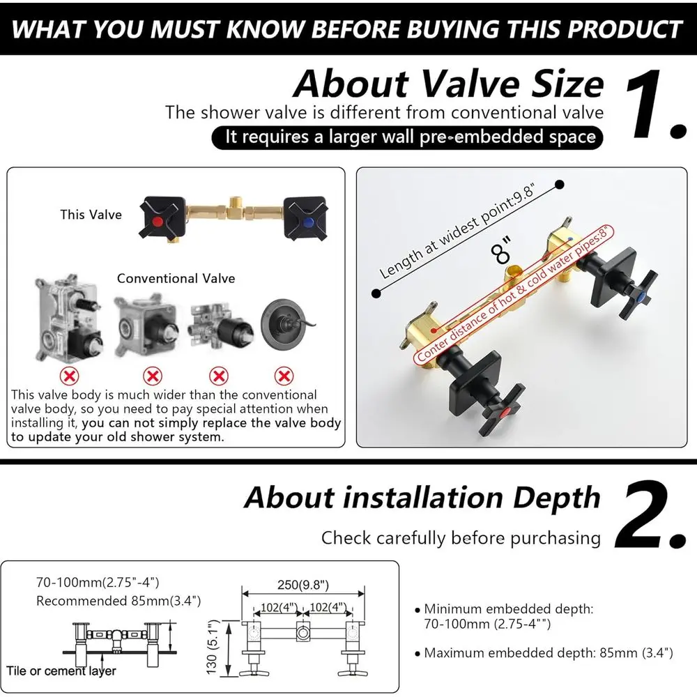 مجموعة صنبور دش بمقبض مزدوج أسود غير لامع مثبت على الحائط مع مقابضين، تركيبات دش كاملة