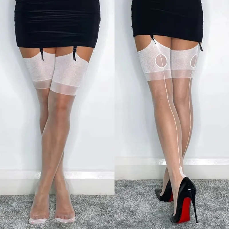 Bas cuissardes 8D Cuban Heel pour femme, nouvelle collection été 2026, ultra-fins, sexy, transparents, avec couture arrière et orteils renforcés