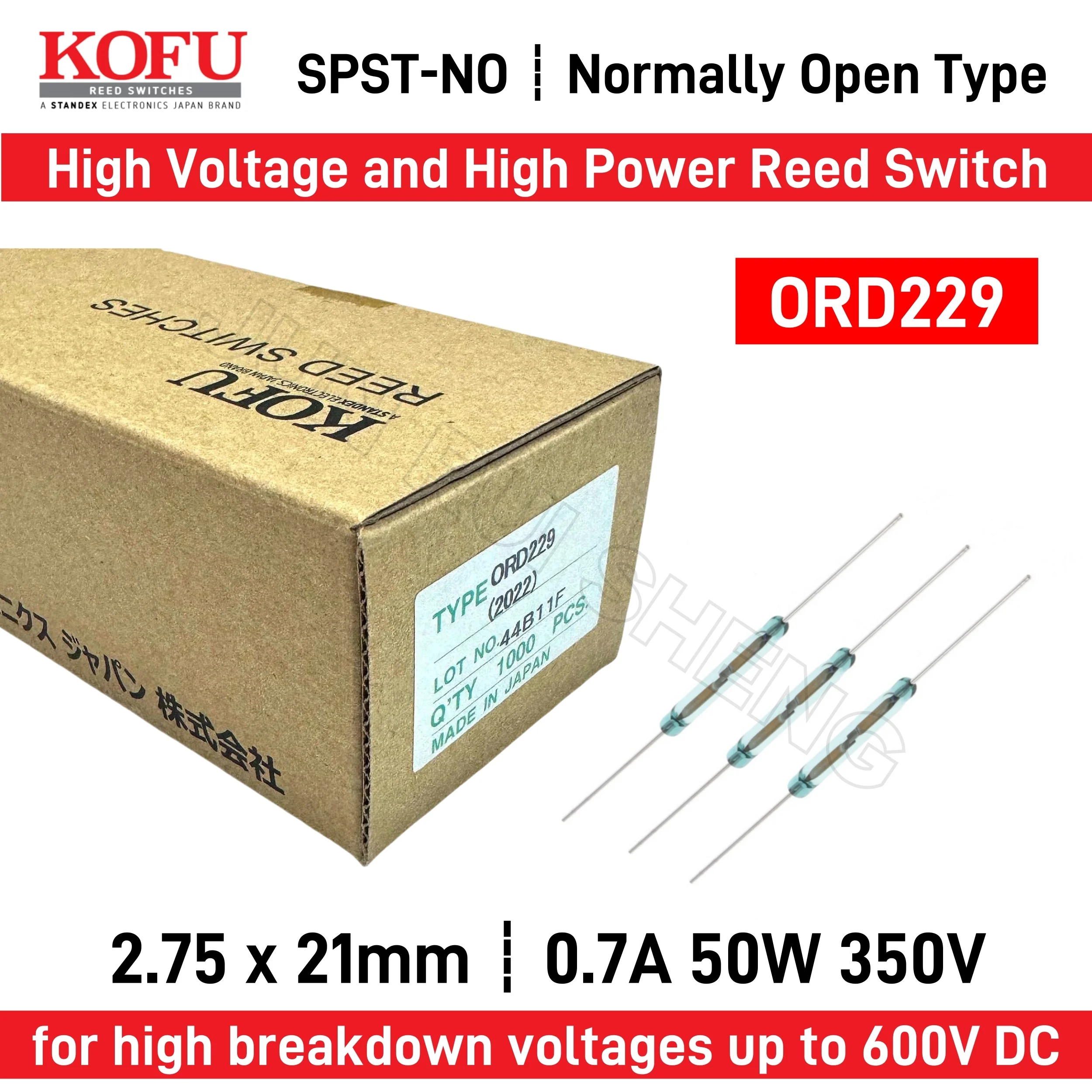 10 PCS ORD229 Interruptor Reed de Alta Tensão de Alta Potência Normalmente Aberto NO 2.75x21MM 0.7A 50 W 350 V - 600 V SPST-NO Sensor de Contato Magnético