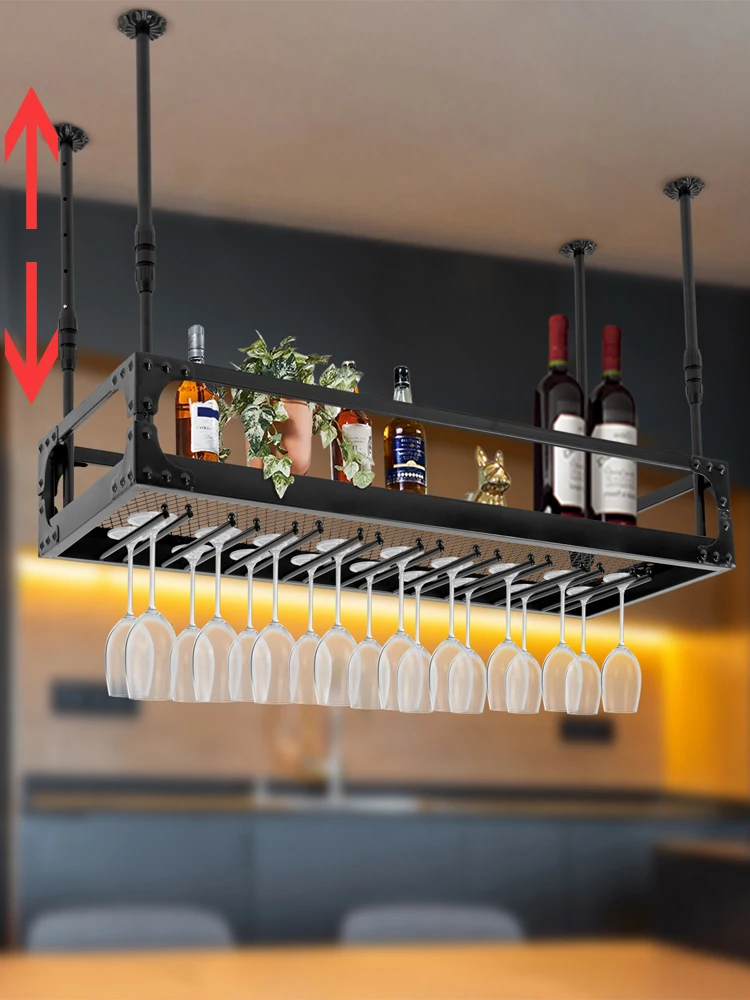 1m metalen plafondgemonteerd hangend wijnbekerrek in hoogte verstelbaar 35-55cm glazen drankfleshouder voor keukenbar zwart - afbeelding 2