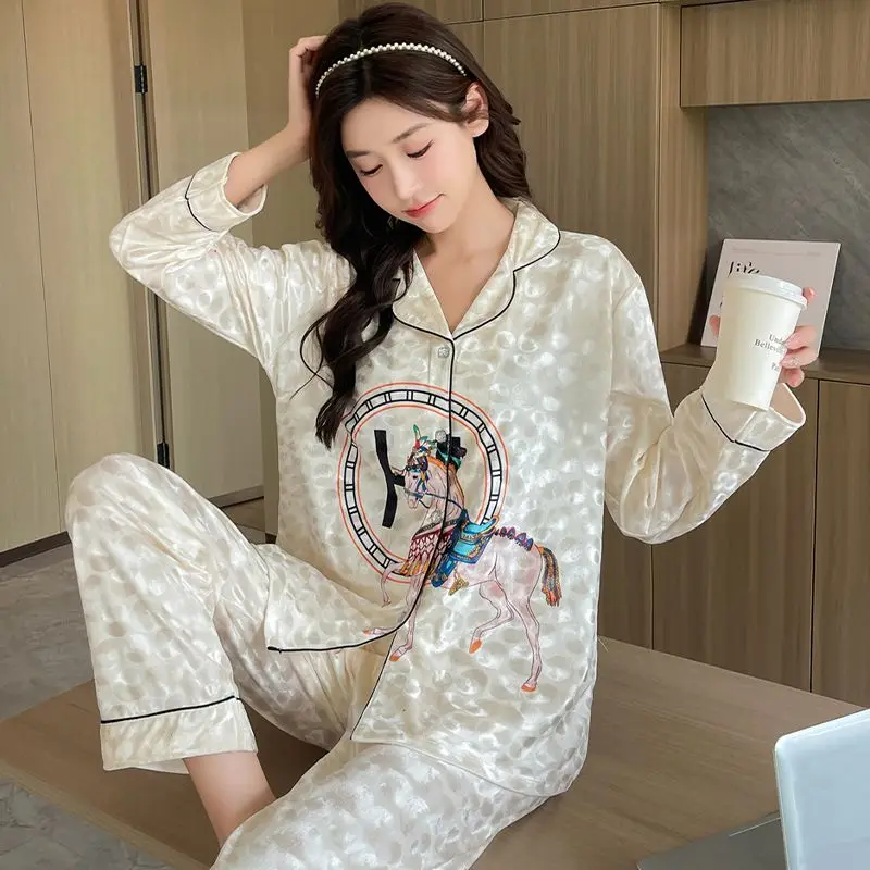 Spring Autumn New Sleepwear Women's Long Sleeve Sweet Cardigan Casual Homewear Suit Casual Large Size Fashio Pajamas Set 2024