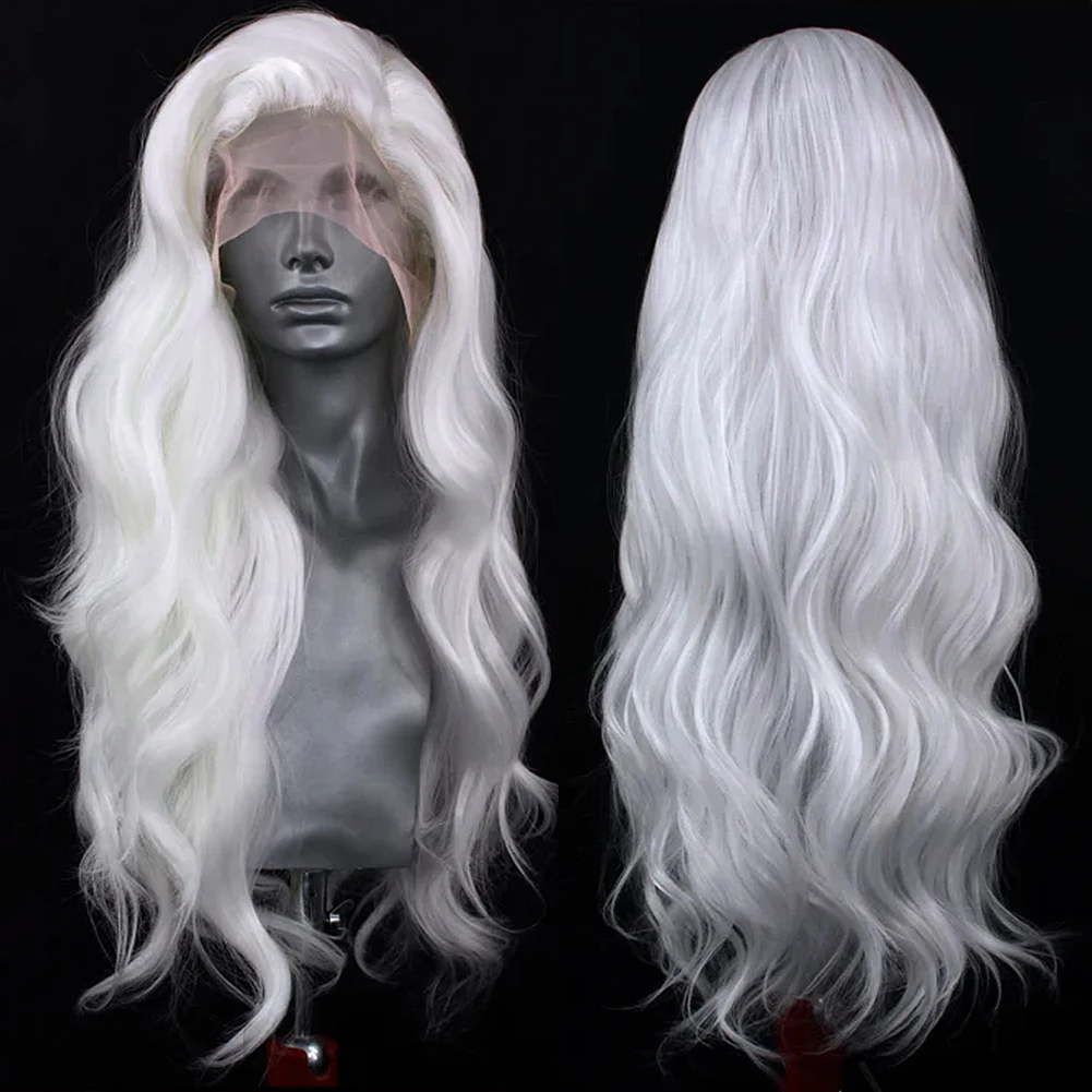 UNIQUE White Wig Synthetic Lace Front Wigs for Women Long Natural Wave Heat Resistant Fiber Cosplay Party Wigs Free Part Wig