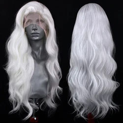 Peluca blanca única sintética con malla frontal para mujer, pelucas largas de onda Natural, fibra resistente al calor, fiesta de Cosplay, parte libre